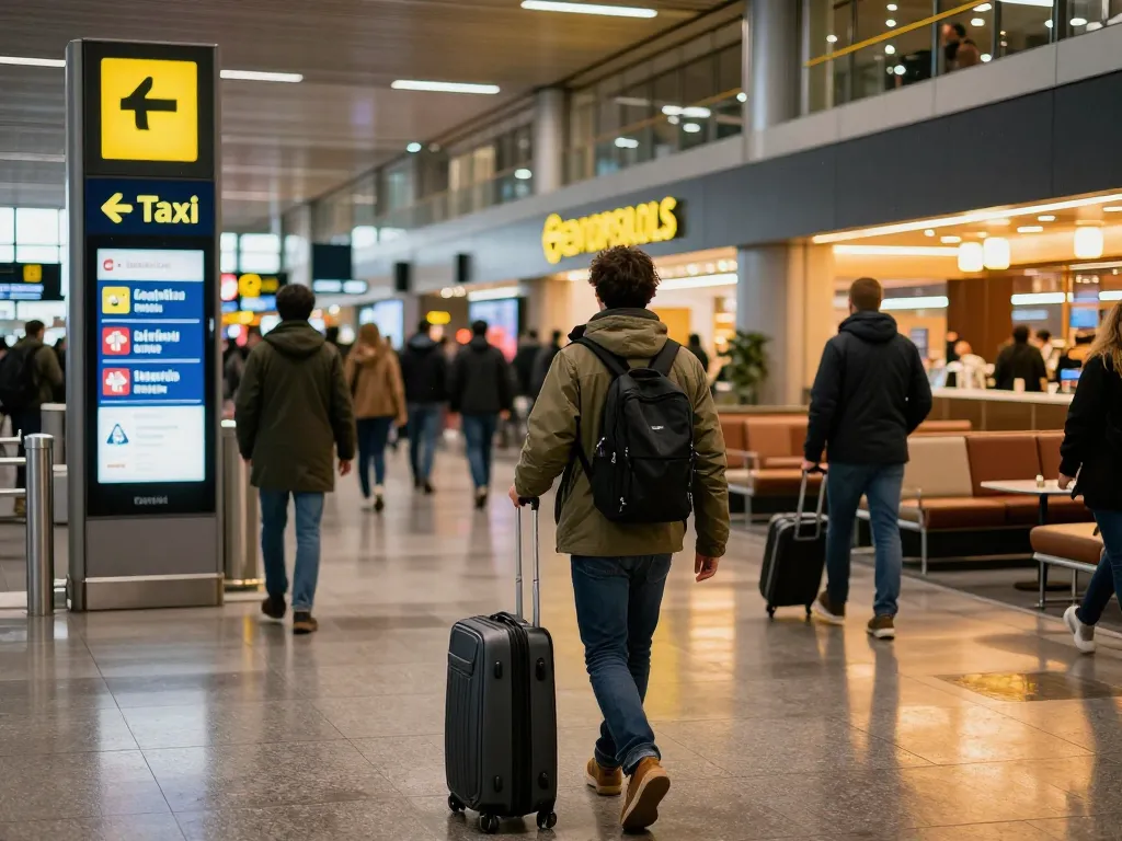Taxi schiphol service op drukke luchthaven, reiziger aankomt met koffer, levendige taxisignalen.