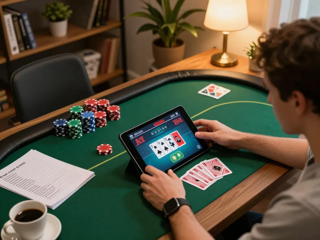 Engaged user playing poker on a tablet with strategy notes, showcasing alo 8 gaming atmosphere