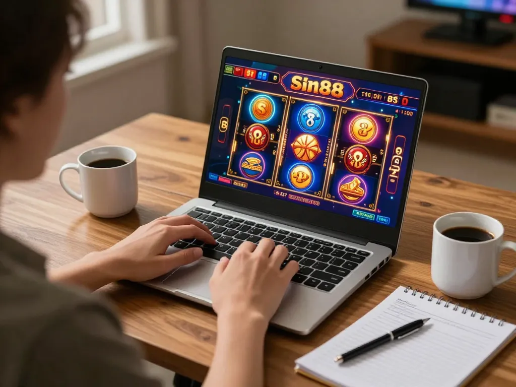 Playing at Sin88 online casino with engaging slot game interface on a laptop in cozy workspace.