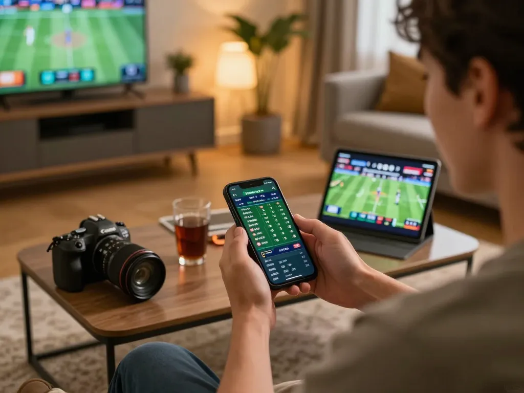 Engaging in mobile sports betting on 9Bet com in a cozy home setting with live odds displayed.