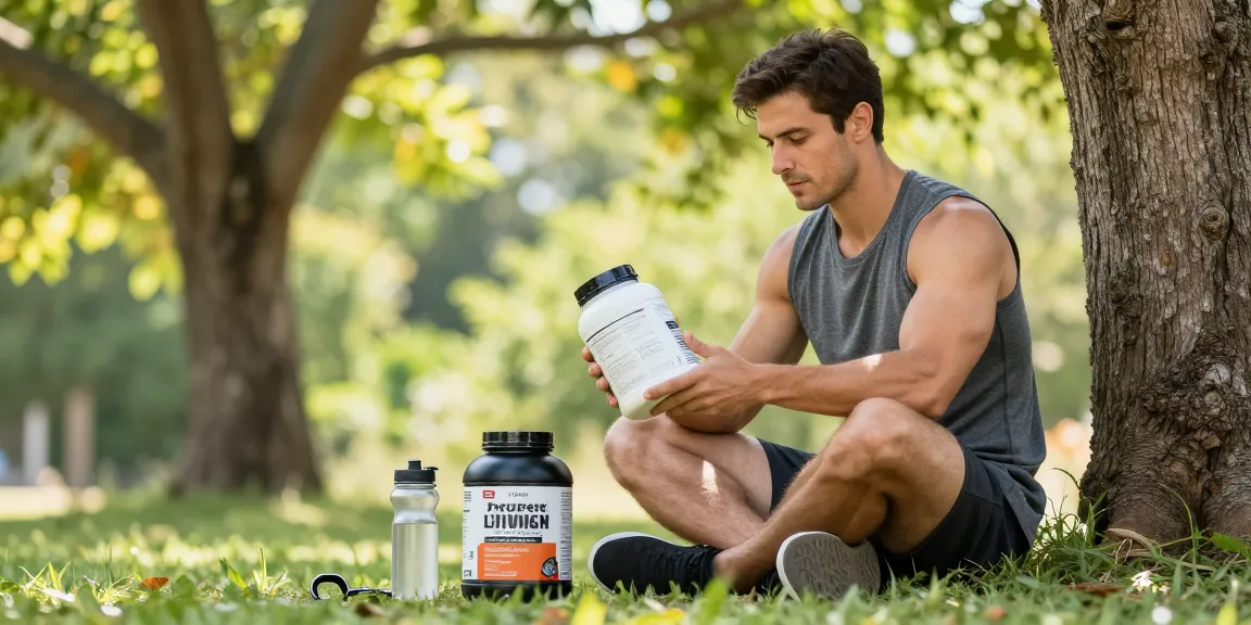 Man die bij Unique Pharma Shop sportvoeding bekijkt in een natuurlijke omgeving, met labels en producten zichtbaar.