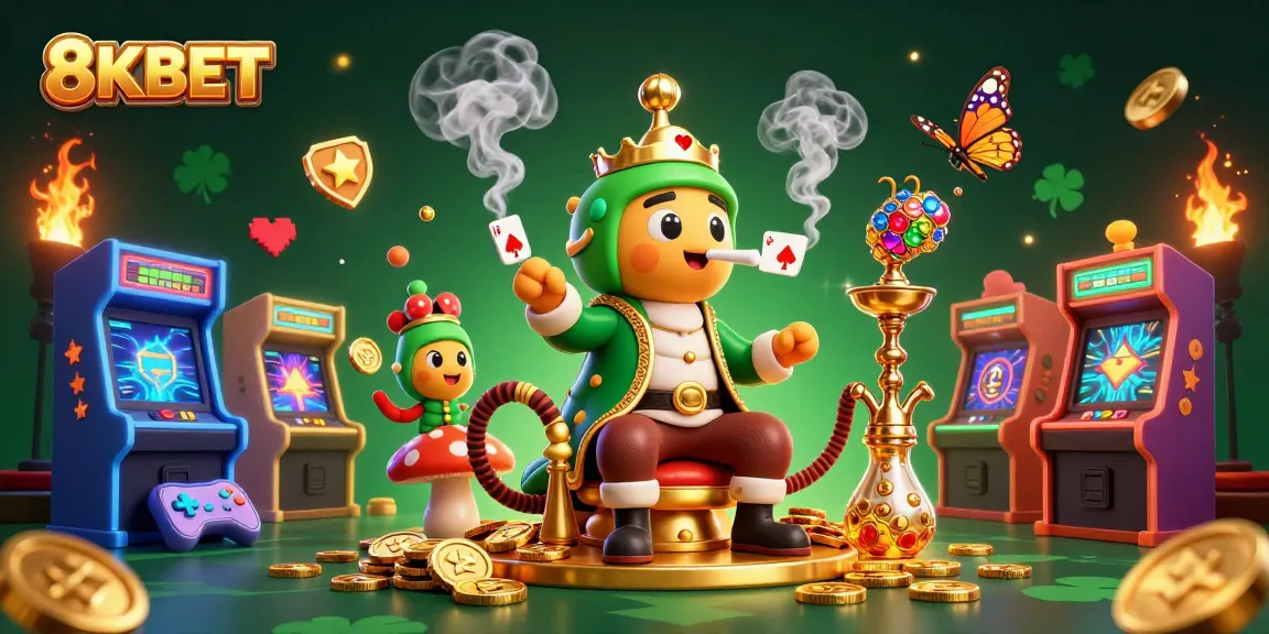 Engage with 8KBET's vibrant casino theme showcasing a caterpillar master creating winning poker symbols.