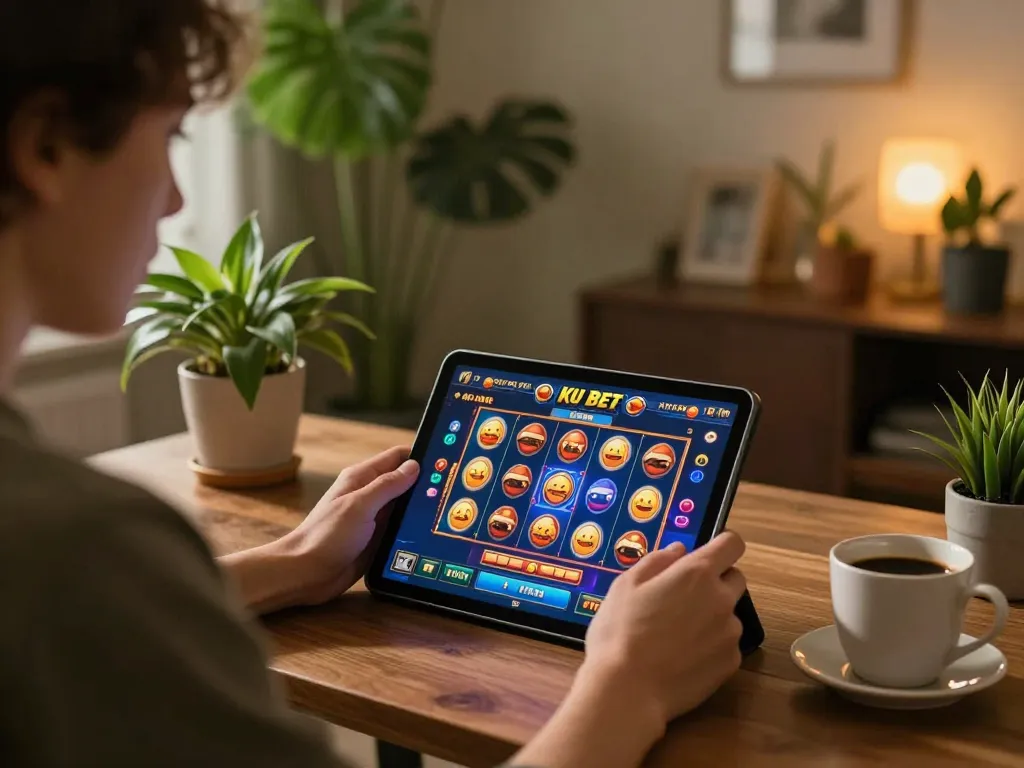 Engaging home gaming scene featuring ku bet on a tablet, showcasing an inviting atmosphere.