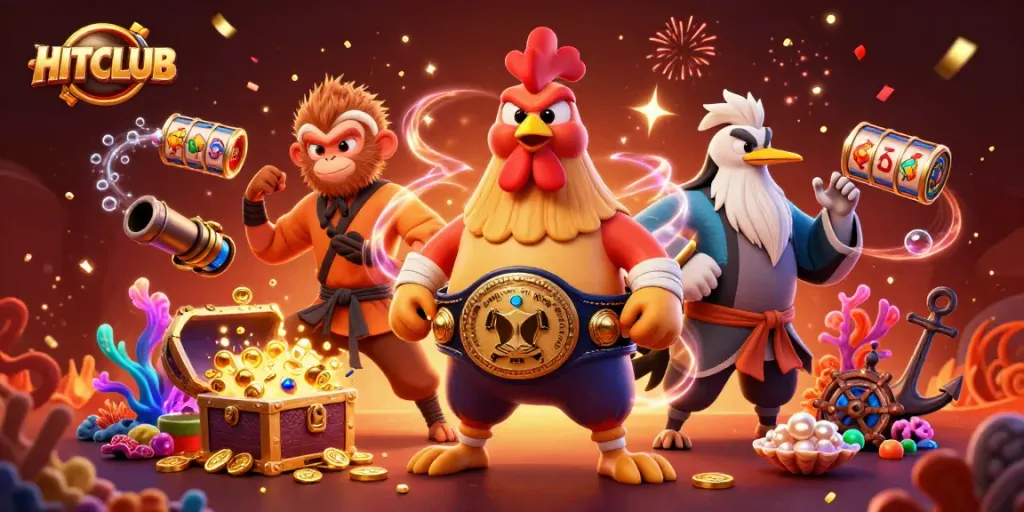 Join the excitement at HITCLUB with vibrant 3D characters in a dynamic casino setting, showcasing thrilling gaming elements.