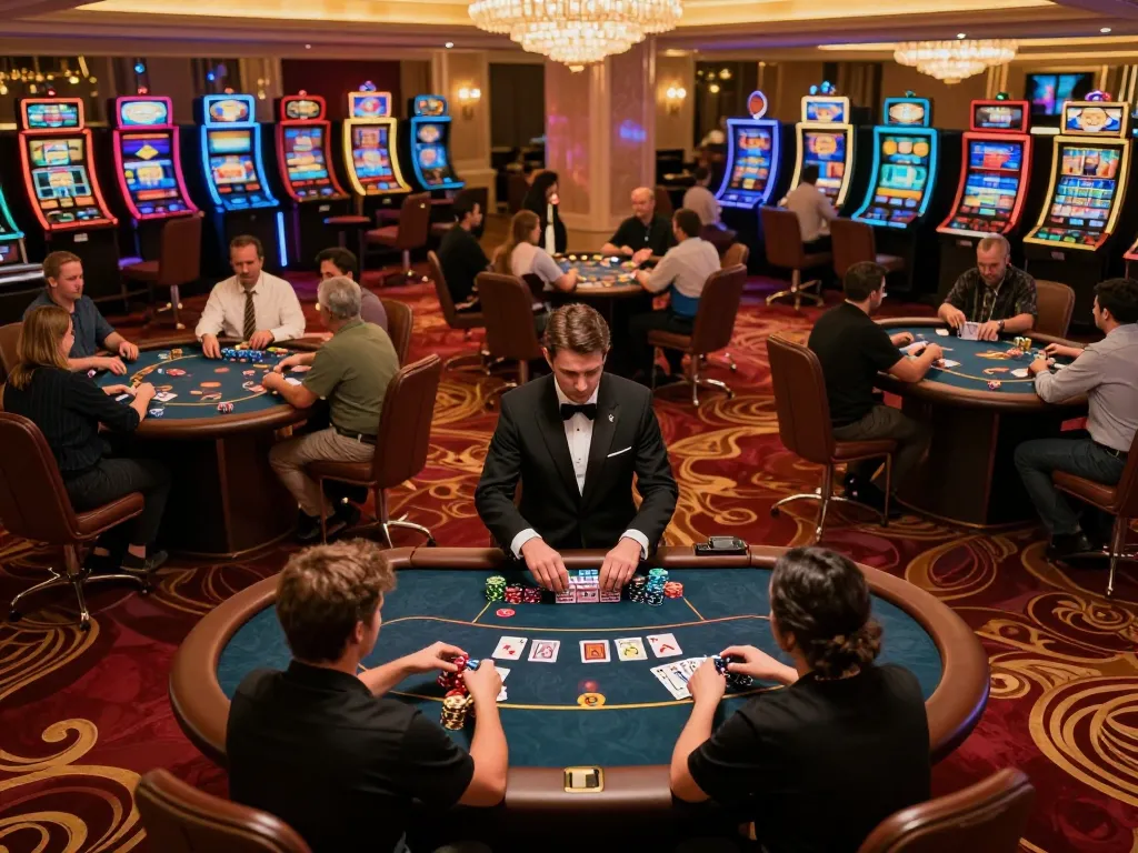 Players strategizing at the poker tables in the FLY888 casino, showcasing high-stakes gambling action.