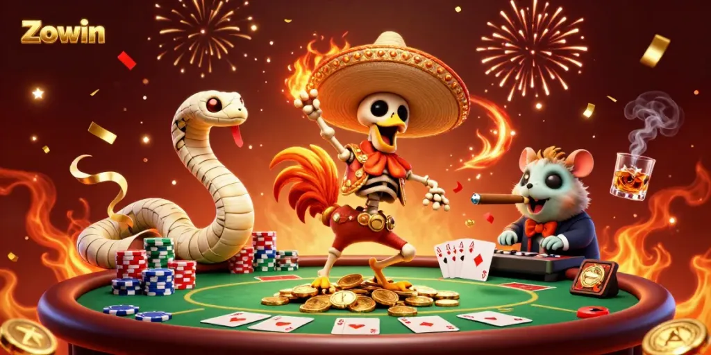 Zowin players celebrate victory with a detailed 3D illustration of a mariachi rooster, poker elements, and festive effects.