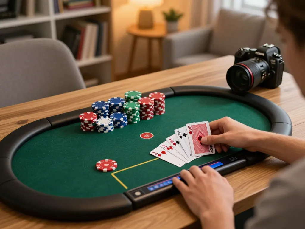 va88 player's engagement in an online poker game with chips on the table