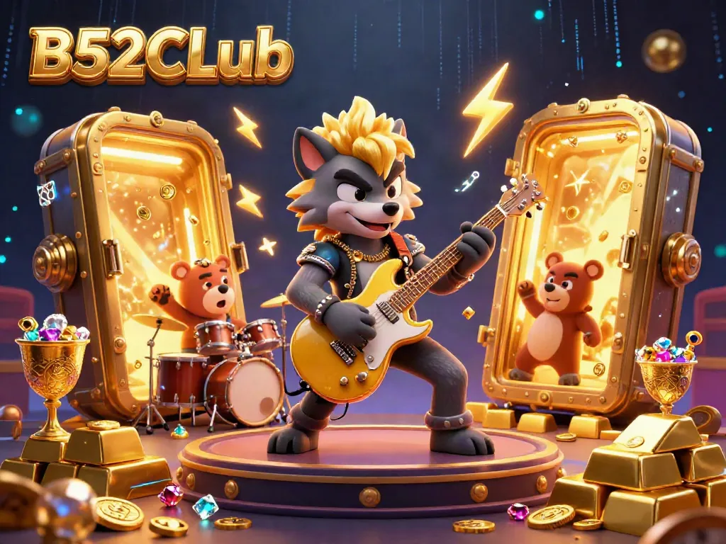 B52CLub showcases an electrifying casino performance featuring a rock star wolf and a drummer bear amidst dazzling treasures.
