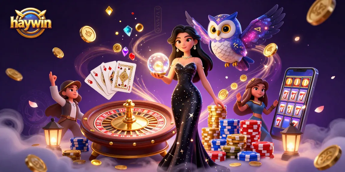 Experience the excitement at haywin with vibrant casino elements, showcasing a stunning female character and a mystical owl in a dynamic gambling environment.
