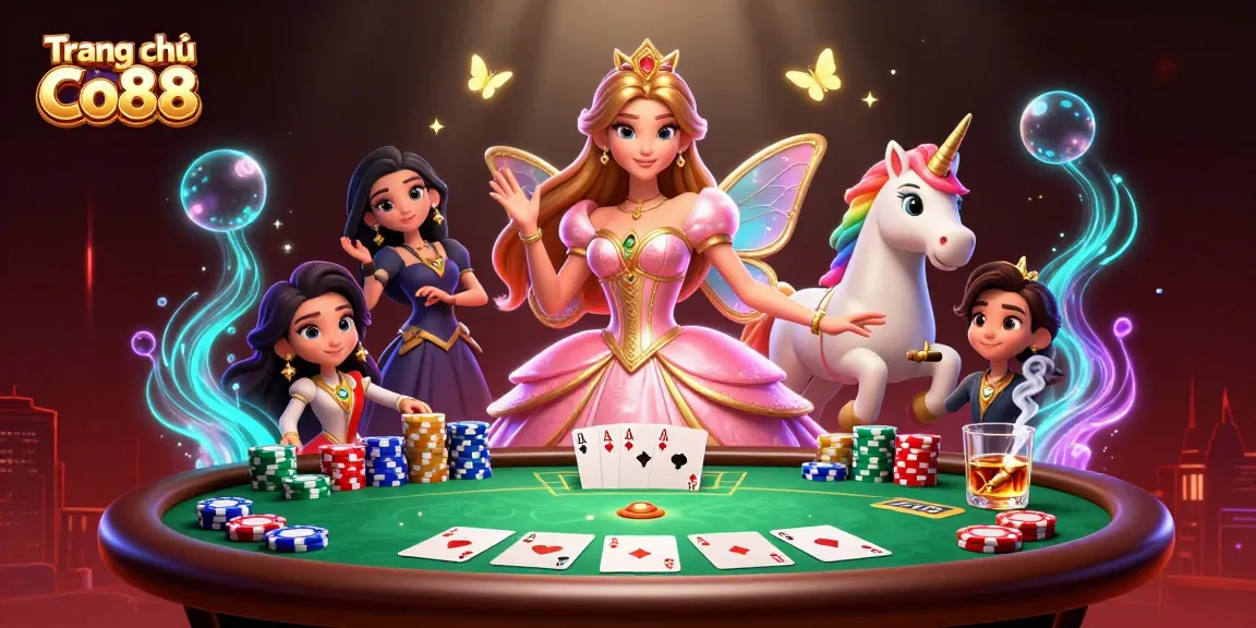 Engage with Trang chủ Co88 at a vibrant 3D casino illustration featuring a glamorous character and poker elements.
