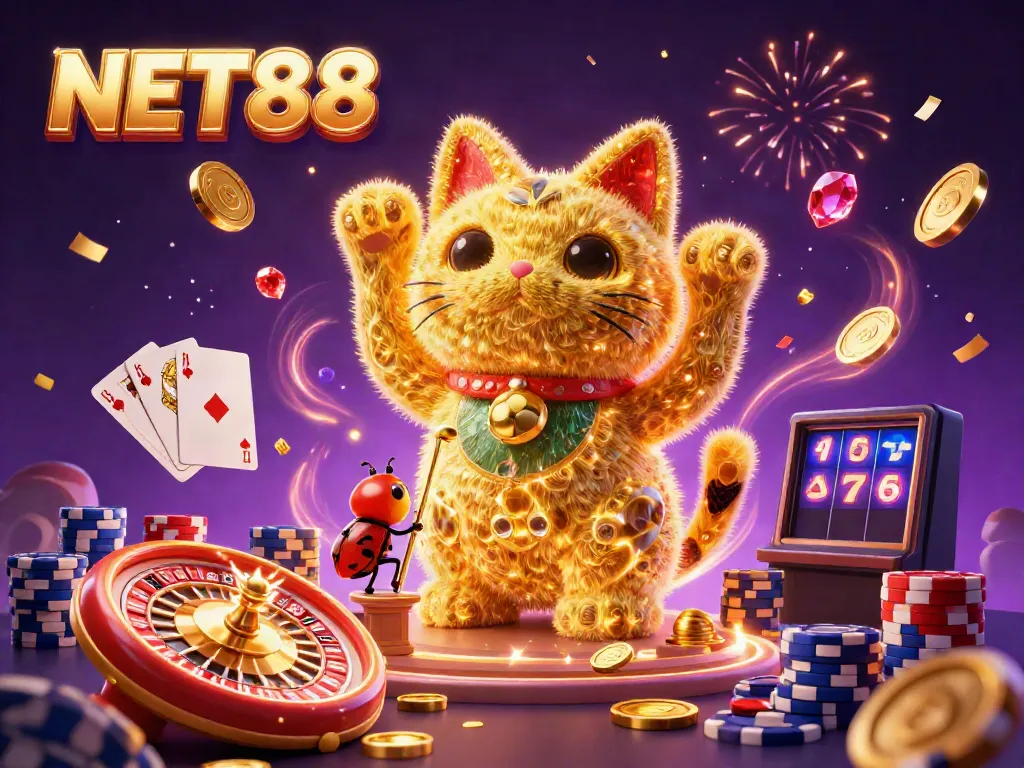 Experience the excitement of NET88 with golden lucky charms, casino elements, and dynamic game symbols.