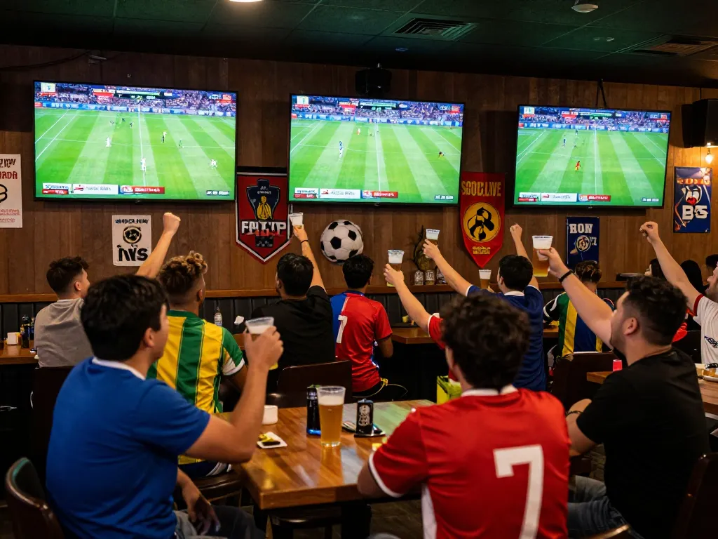Cheering fans celebrate during a live Socolive football match at a sports bar, highlighting excitement.