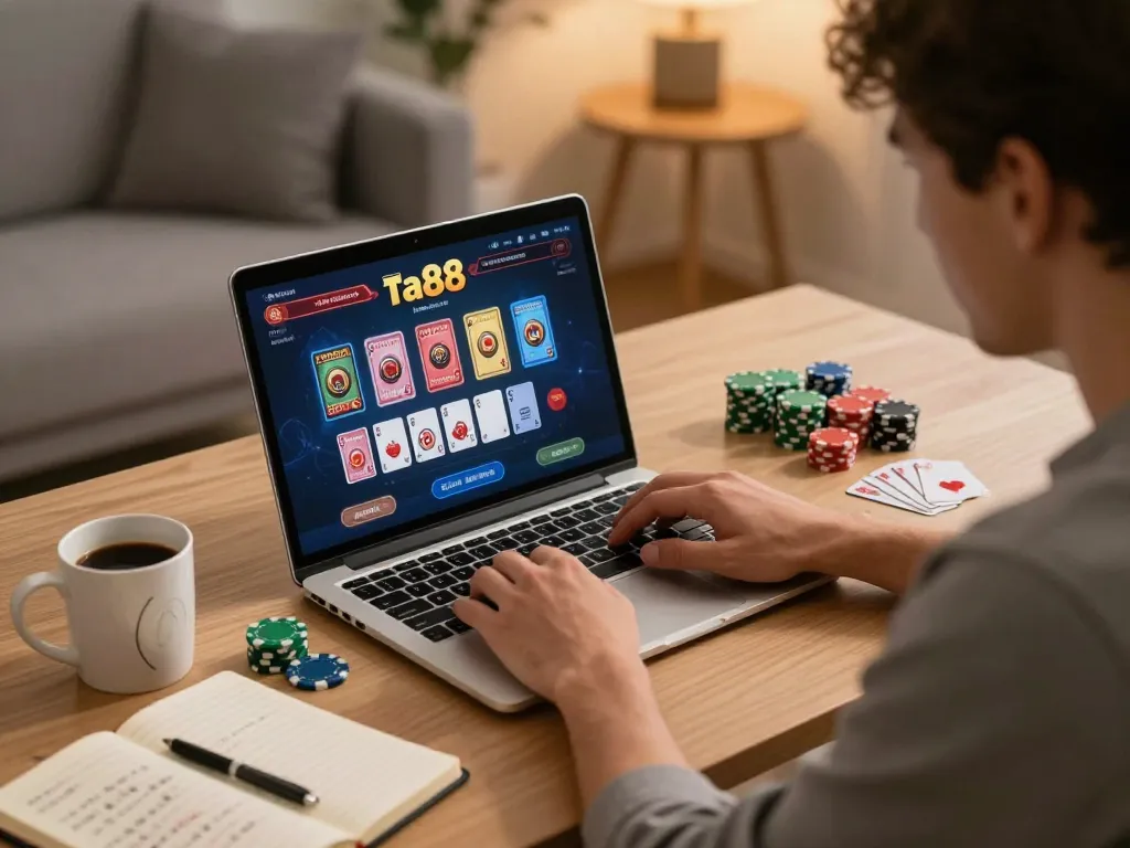 Player enjoying online casino games at ta88 with poker setup on desk
