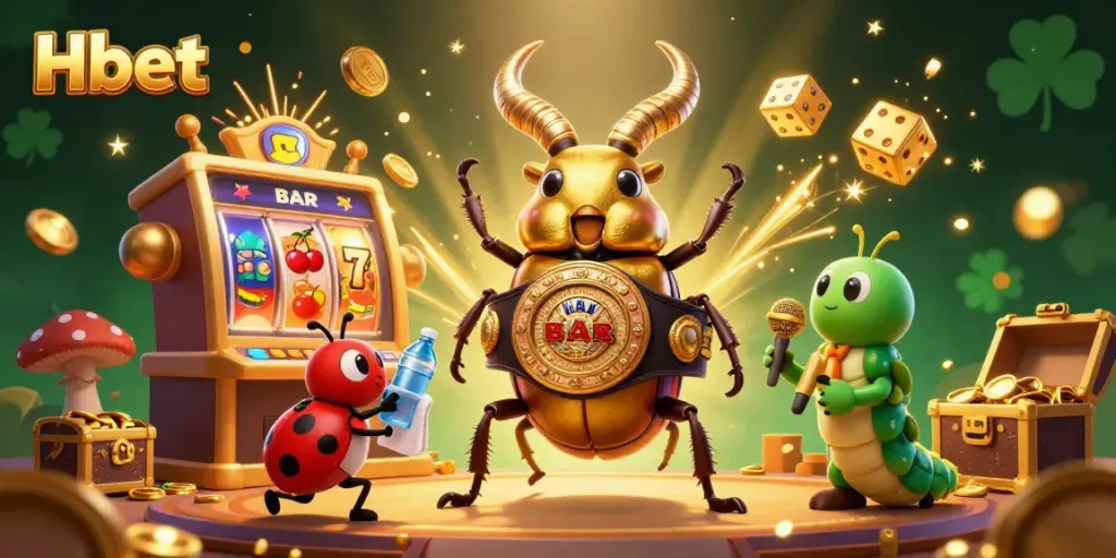 Engage with the vibrant Hbet scene featuring a golden stag beetle in a boxing belt, celebrating a jackpot with dynamic gaming elements.