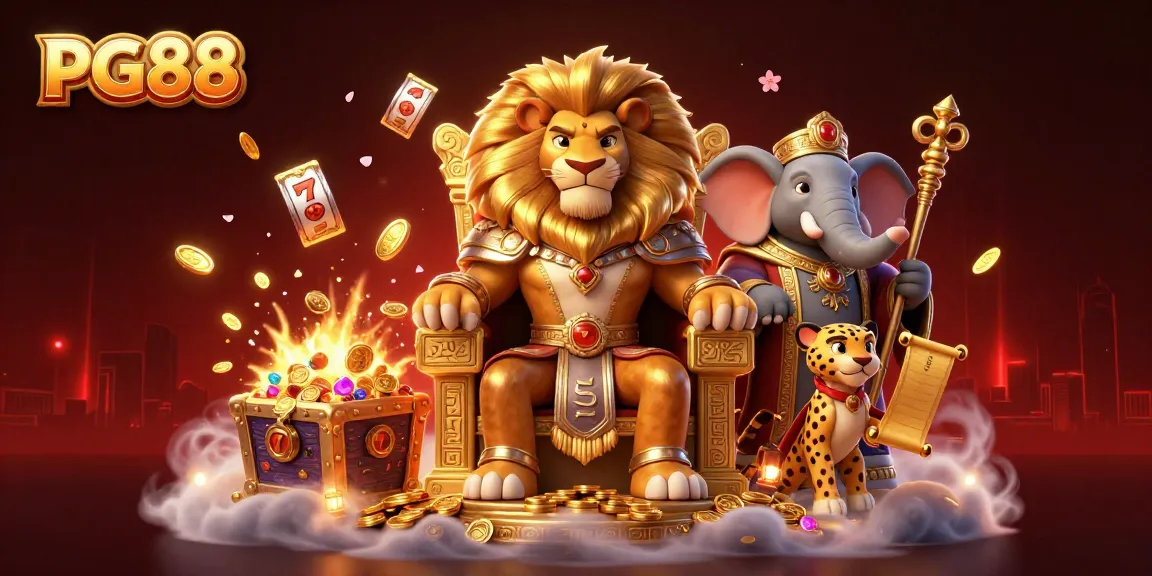 PG88 illustrates a fierce lion king, wise elephant, and swift cheetah amidst thrilling casino elements.