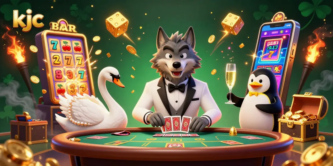 KJC aims for success with a vibrant casino scene featuring a debonair wolf, elegant swan, and sophisticated penguin.