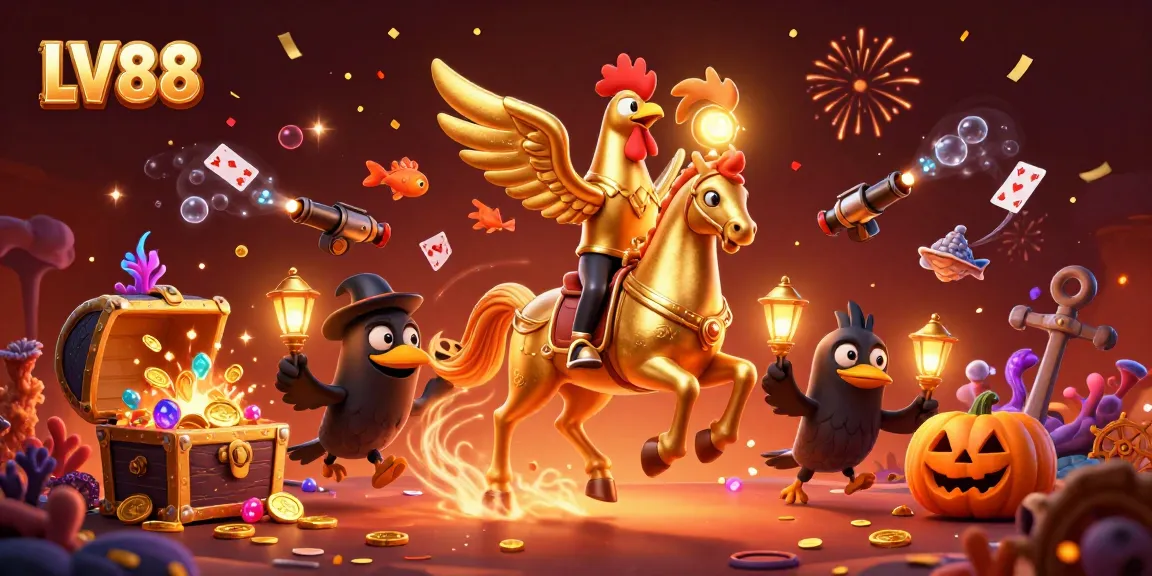 Engage with LV88 as golden rooster navigates a vibrant casino packed with treasures.