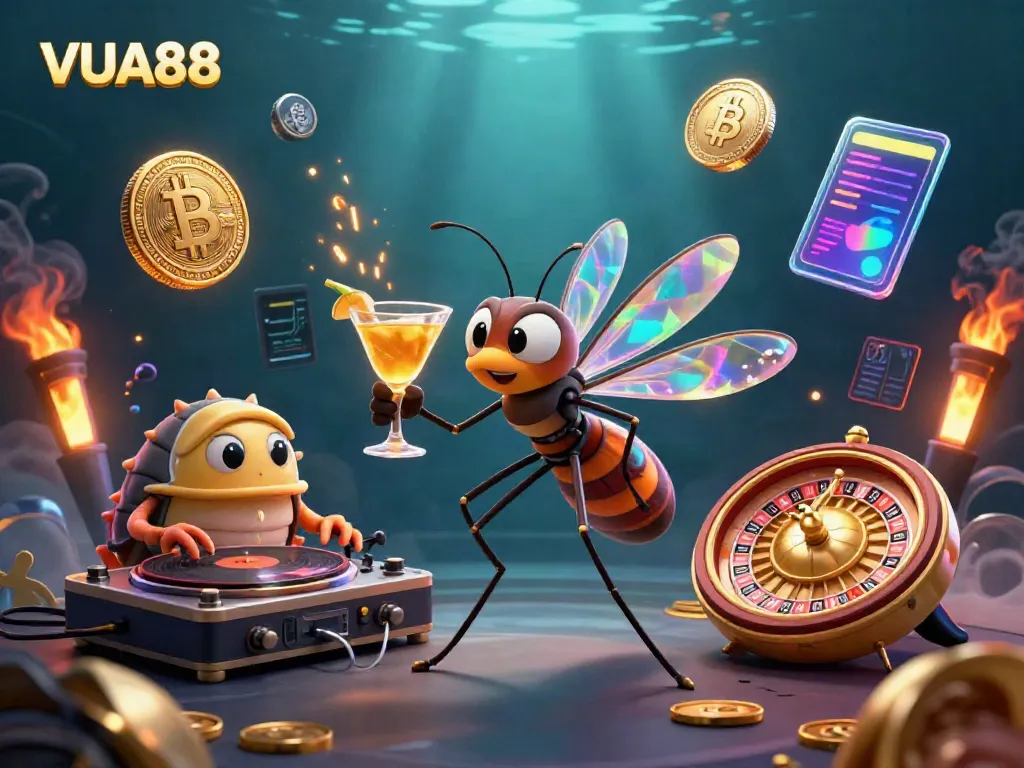 Experience vibrant gaming with VUA88, featuring a lively 3D casino scene of dynamic elements and characters.