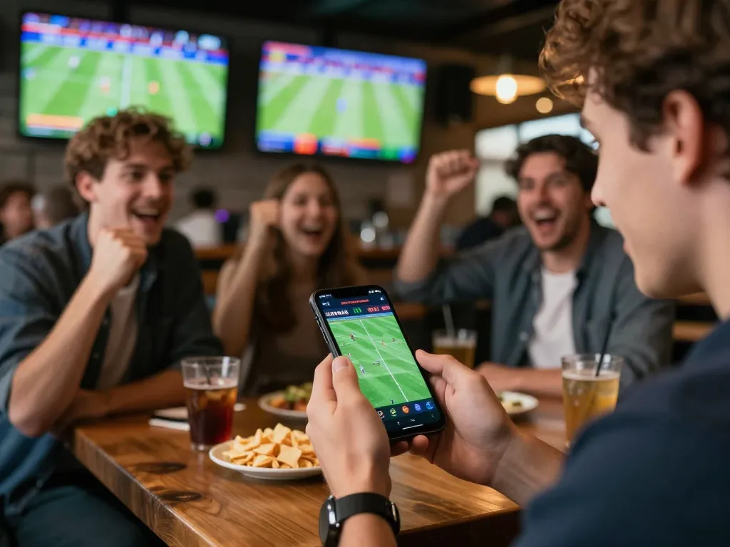 Engaging in live sports betting at Uk88 with dynamic odds on smartphone in lively bar atmosphere