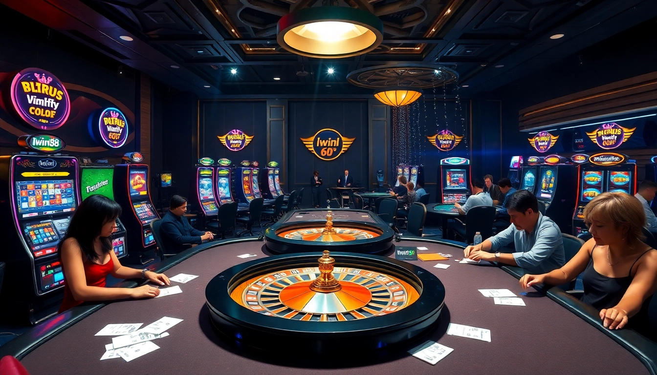 Iwin68 casino scene with vibrant slot machines and engaging roulette action.