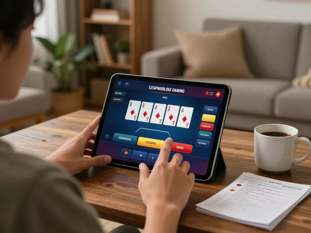 Engaging with link OK8386 on a tablet, showcasing online casino gameplay in a cozy home setting