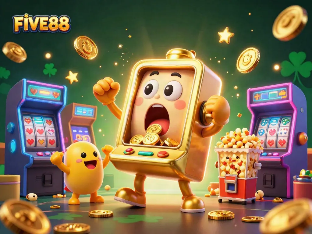 Experience the excitement at FIVE88 as the lucky slot machine celebrates a jackpot with coins overflowing.