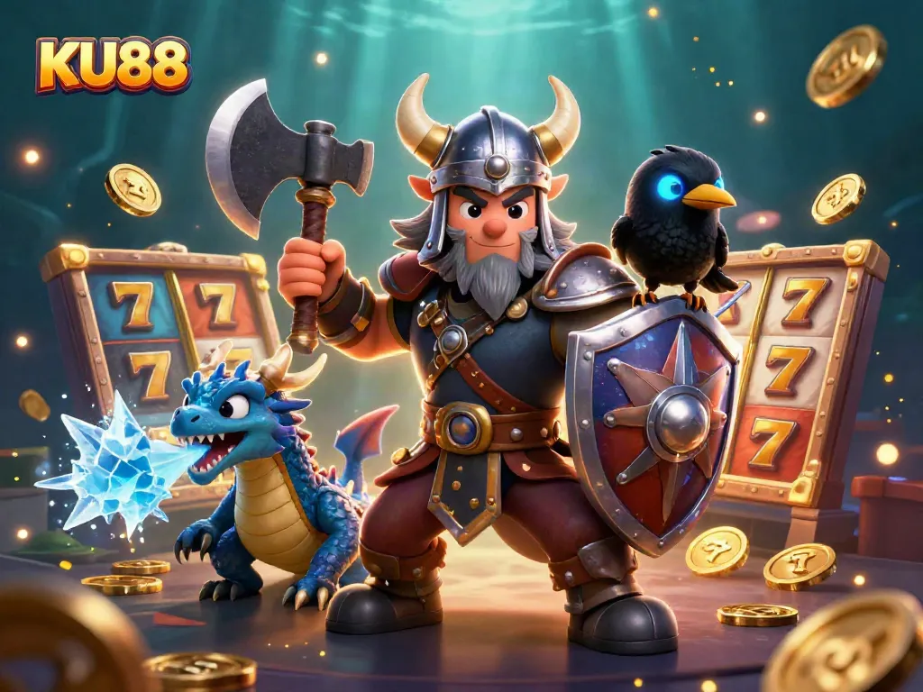 Experience thrilling jackpots at KU88 with vibrant visuals of slots, winning coins, and dynamic gaming action.