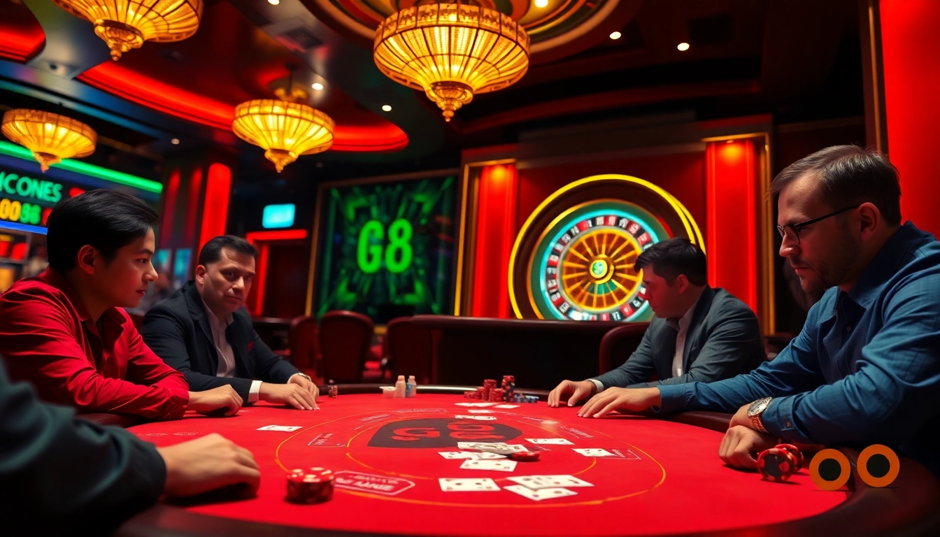 Experience thrilling gameplay at Go8 with an exciting casino poker scene, showcasing vibrant lights and intense players.
