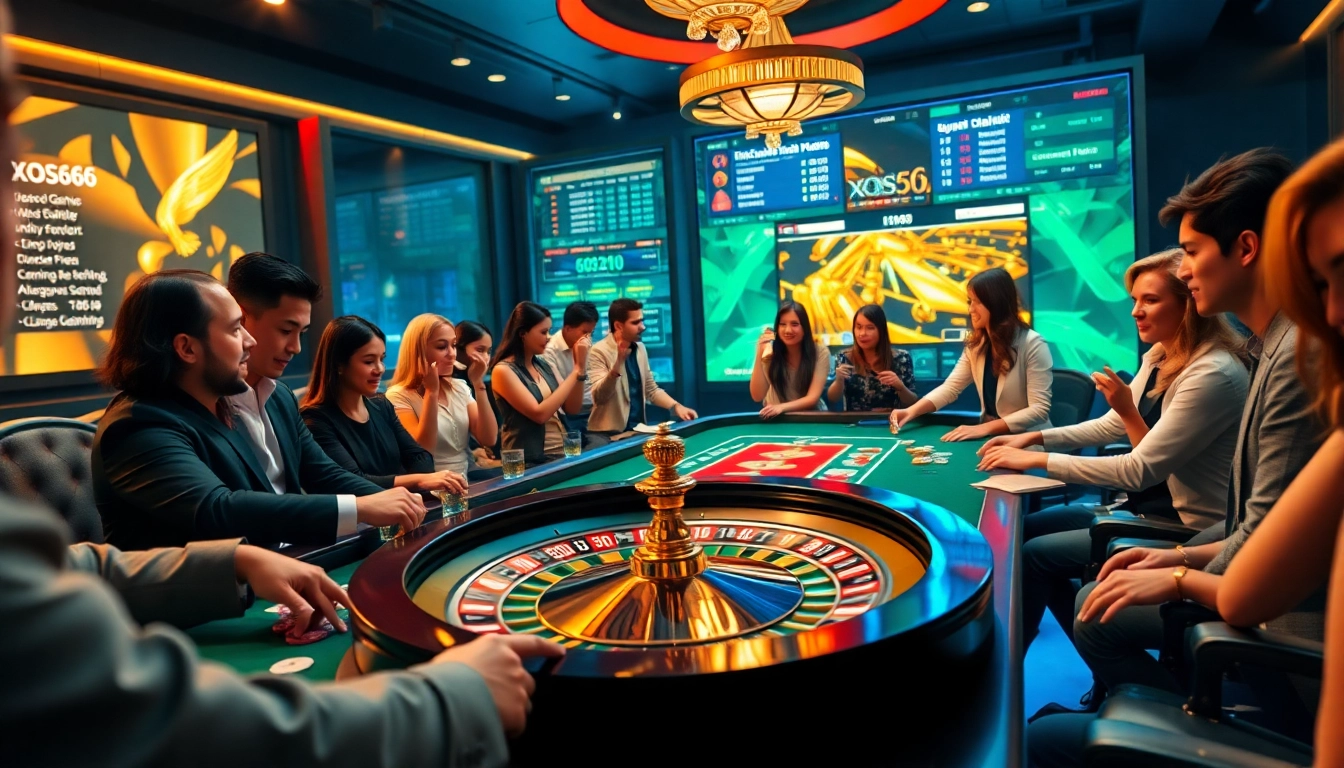 Engaging players at xoso66 gaming table with chips and cards in an exciting casino atmosphere.