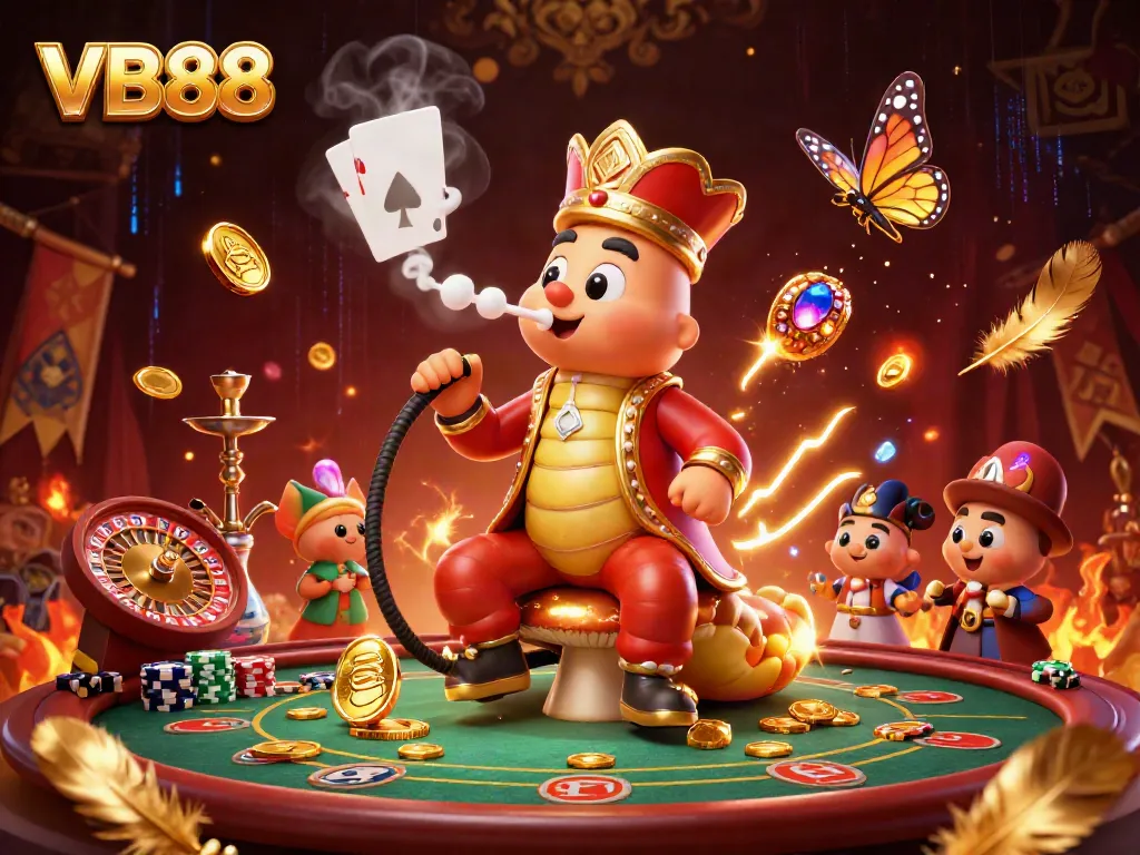 Engage with VB88 at a live casino illustrated by a hookah-master character in a vibrant 3D scene.