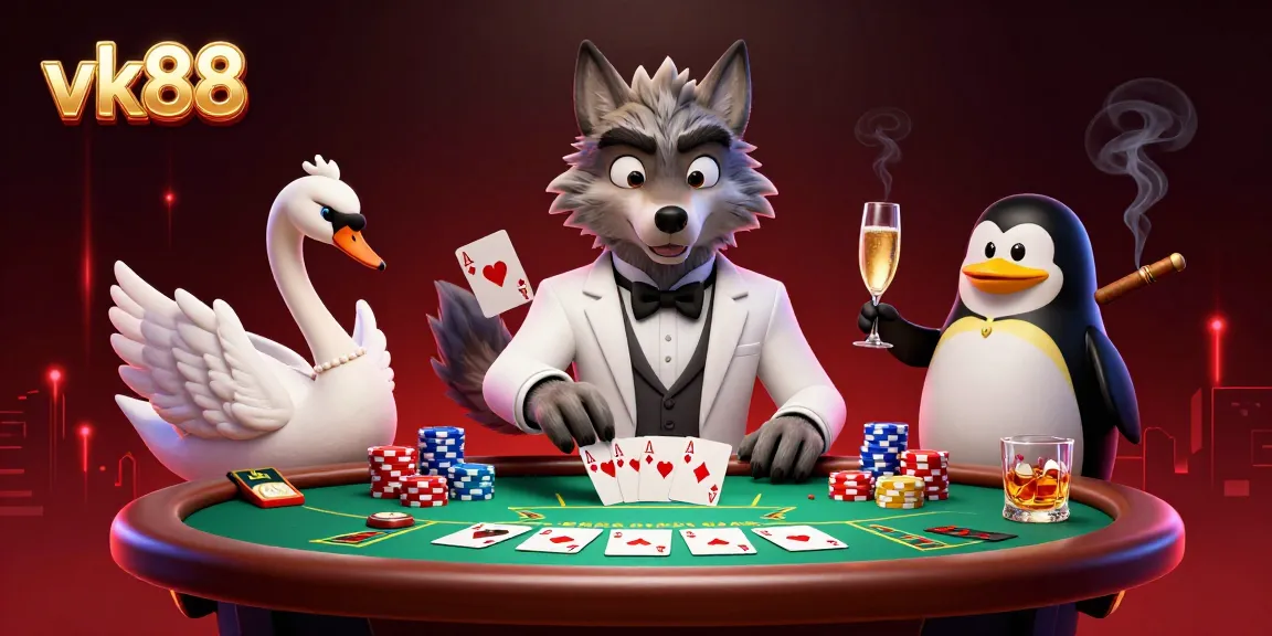 Experience high-stakes baccarat with vk88's glamorous 3D casino scene featuring vibrant characters and elements.