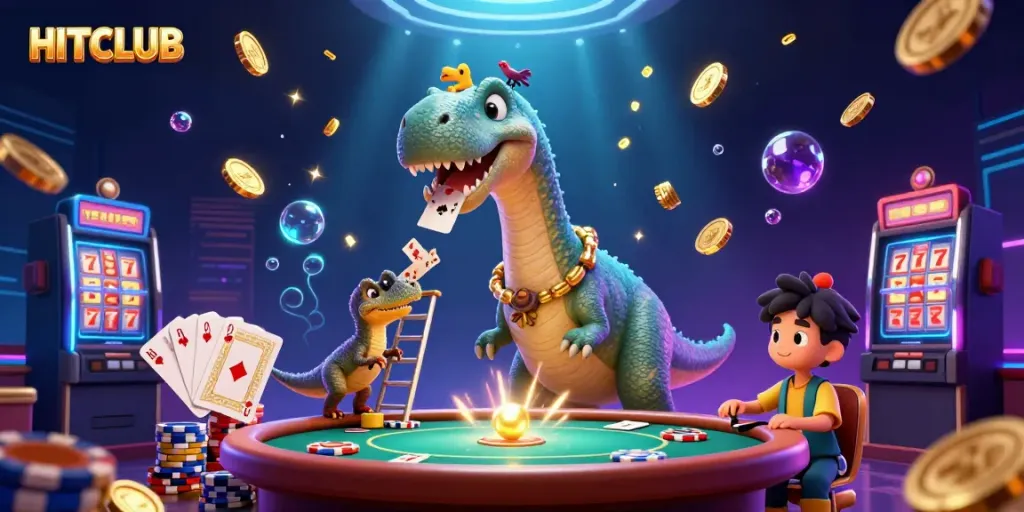Engage with HITCLUB's thrilling gaming world featuring a whimsical brontosaurus and clever raptor amidst vibrant casino elements.