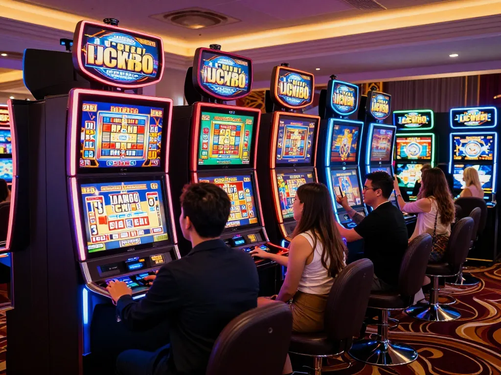 Experience the thrill of lucky88 gaming as players celebrate wins at vibrant slot machines.