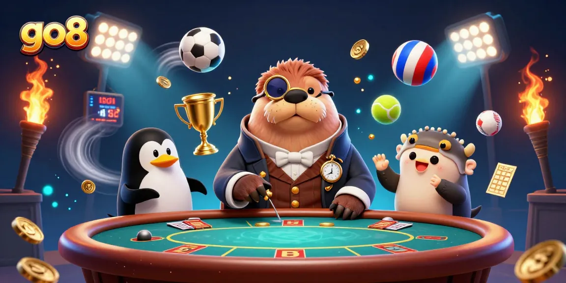 Engage in high-stakes gaming at go8 featuring a jolly walrus and a sophisticated penguin dealer.
