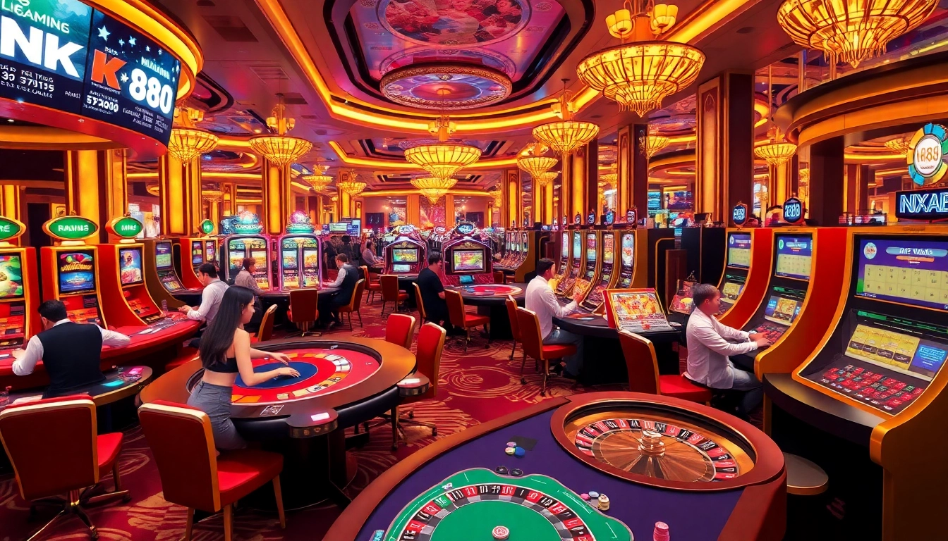 Exciting casino action at NK88 with players winning at poker tables and vibrant slot machines.