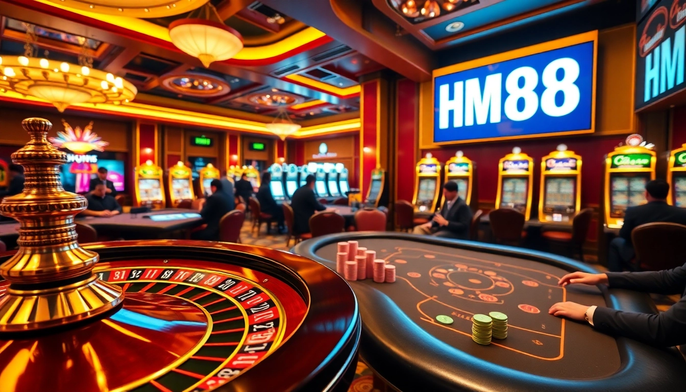 Players engaging passionately with casino games, HM88 prominently displayed on a digital screen.