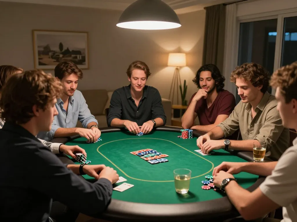 Players enjoying a thrilling poker game at home with alo8, celebrating a winning hand and strategic gameplay.