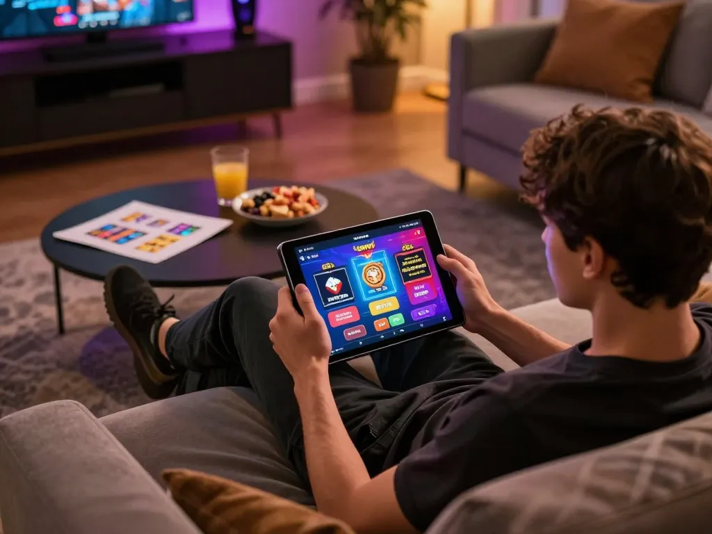 Person enjoying 56WIN online gaming on tablet in a cozy home setting with snacks and strategy notes.
