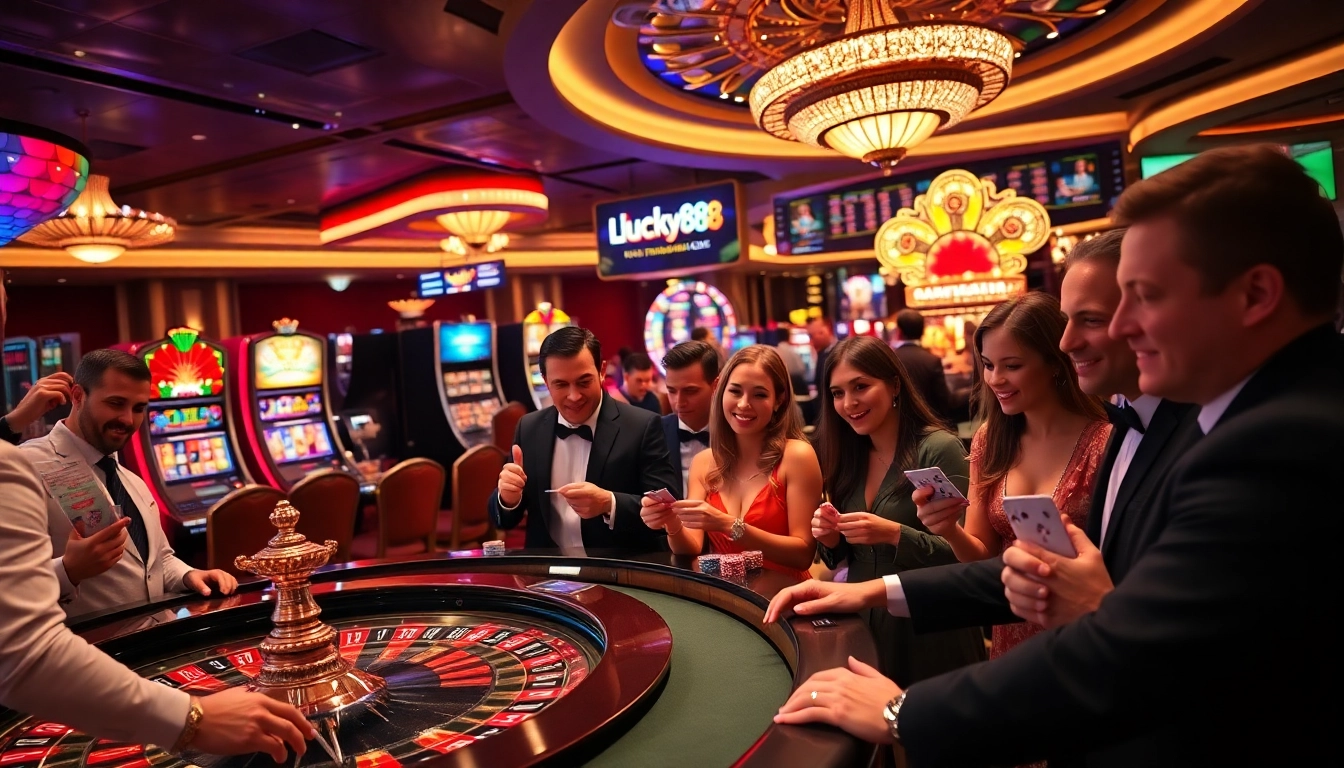 Players enjoying exciting games at https://lucky88.ae.org/ casino, showcasing roulette and vibrant slot machines.