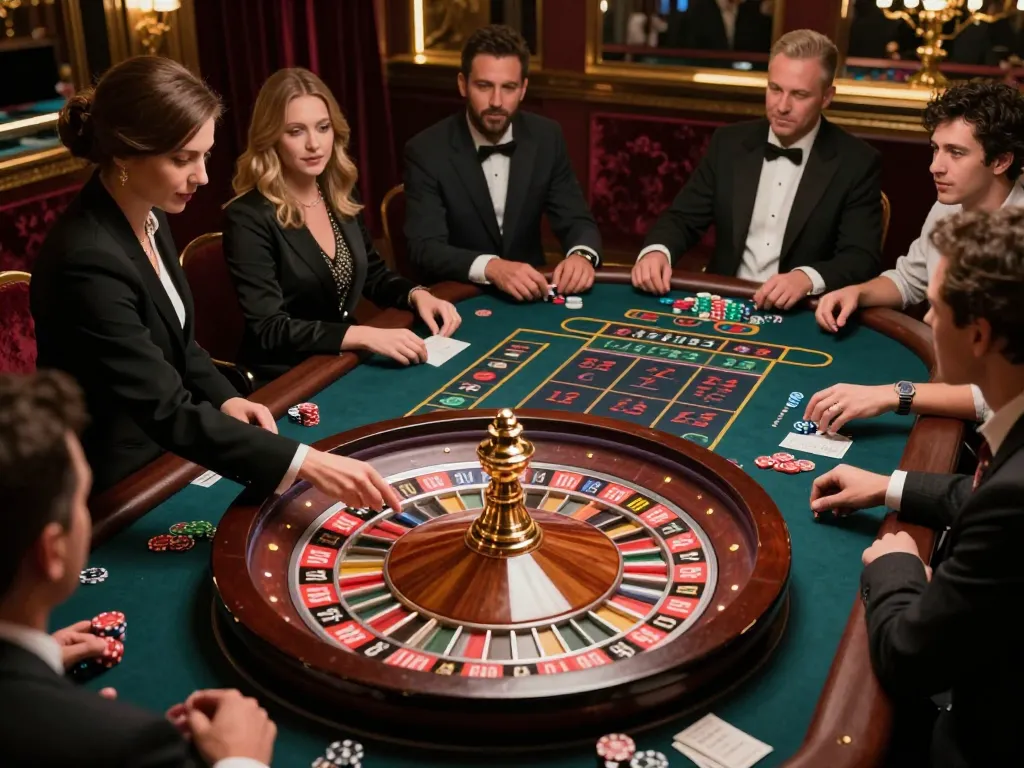 Players at an x88 casino table eagerly placing bets on a vibrant roulette game