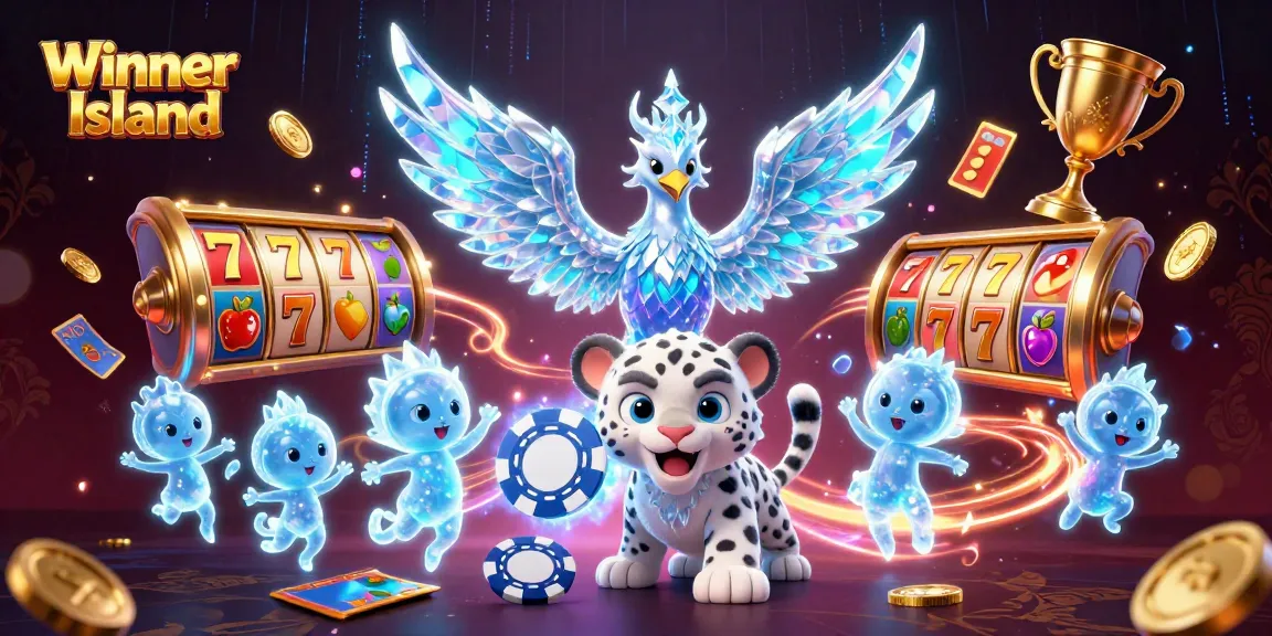 Win big at Winner Island with vibrant 3D characters, slot reels, and magical casino elements.