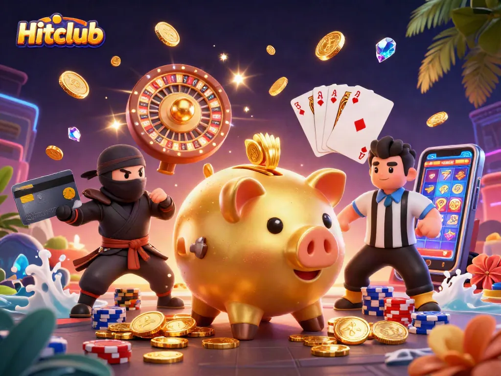 Engage in thrilling gameplay at Hitclub, featuring a dynamic scene of characters and vibrant casino elements.