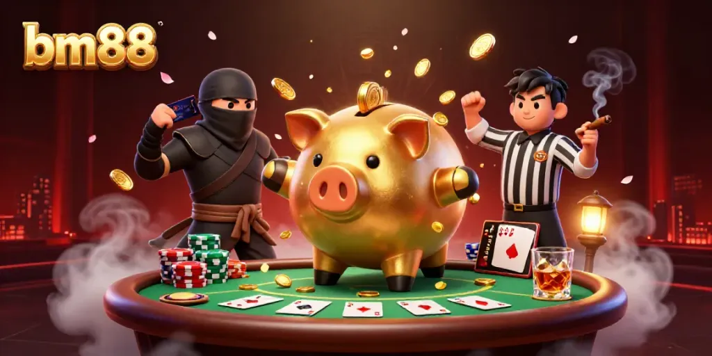 Experience dynamic gameplay with bm88 as golden coins and poker chips scatter around a vibrant scene of a sumo wrestler and ninja.
