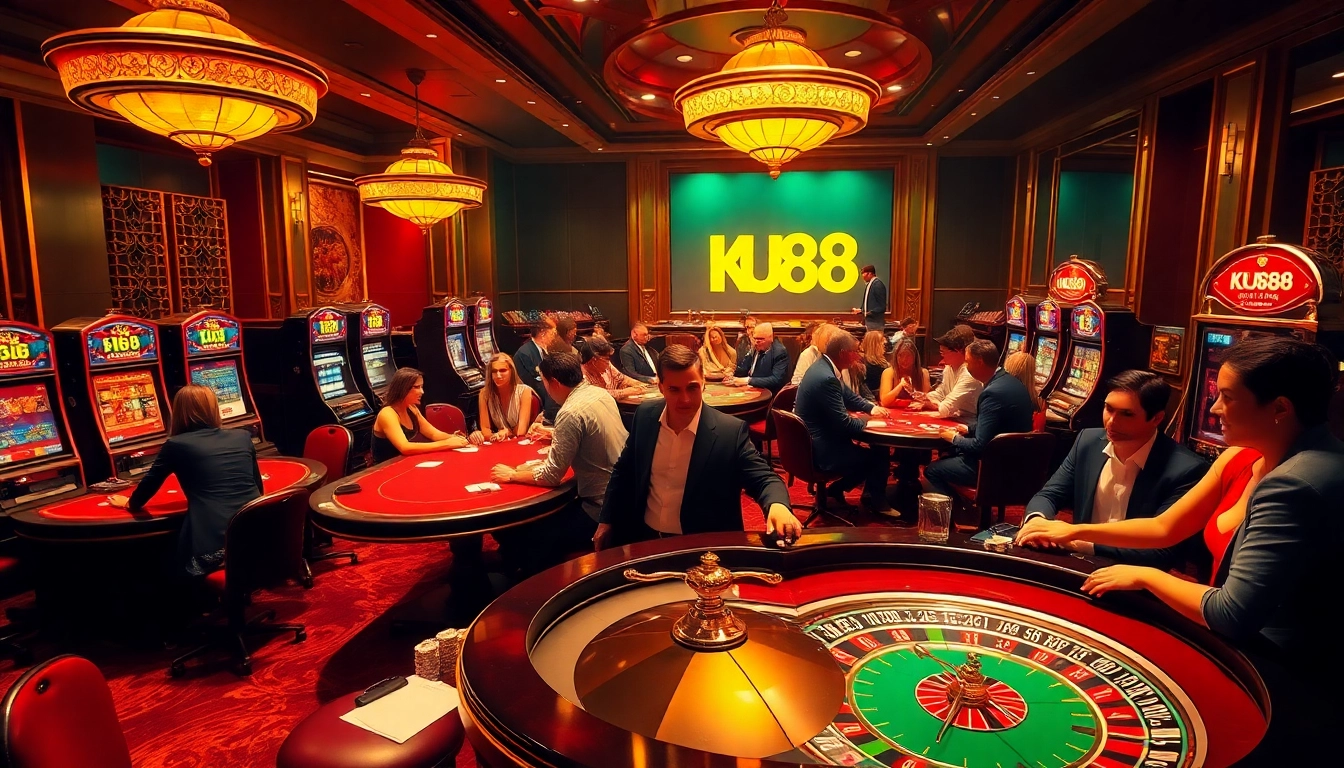 Players enjoying high-stakes games at KU88 Casino, surrounded by luxury and excitement.