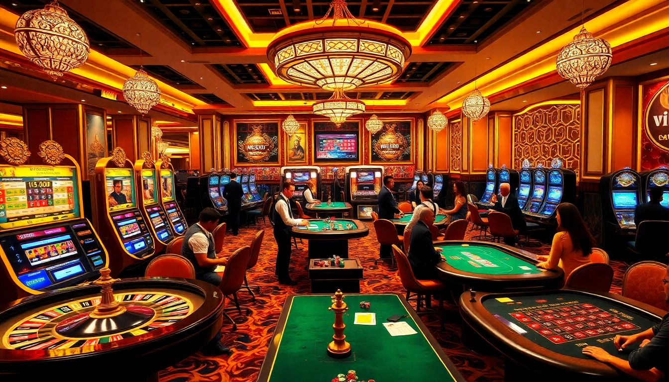 Experience the excitement of bets being placed at s8casino, showcasing vibrant slot machines and poker tables.