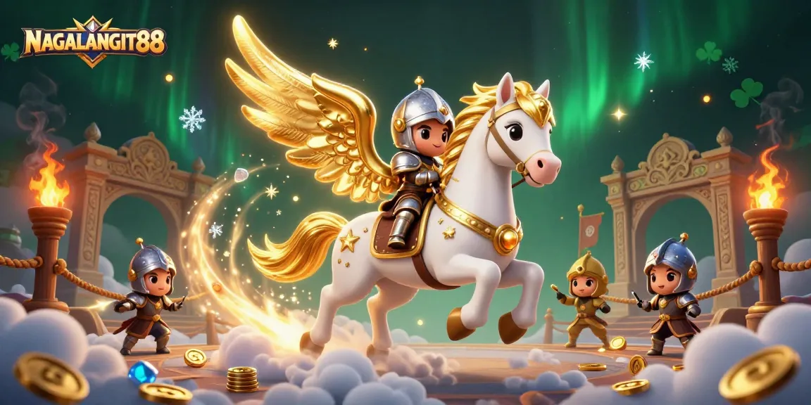 NAGALANGIT88 brings excitement with a 3D cartoon celestial horse racing through a dynamic casino arena.