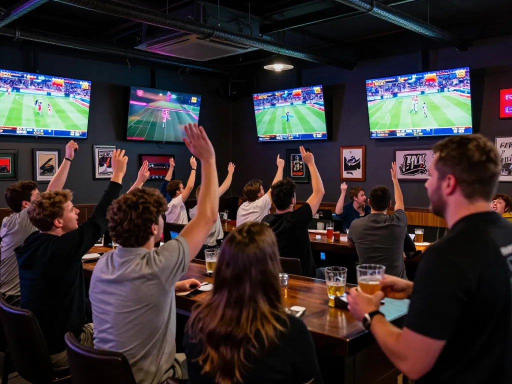 Excited fans cheering during a live sports betting event at Lương Sơn TV.