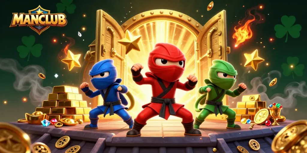Engage with MANCLUB's thriving gaming scene featuring vibrant ninja chameleons and golden treasures.
