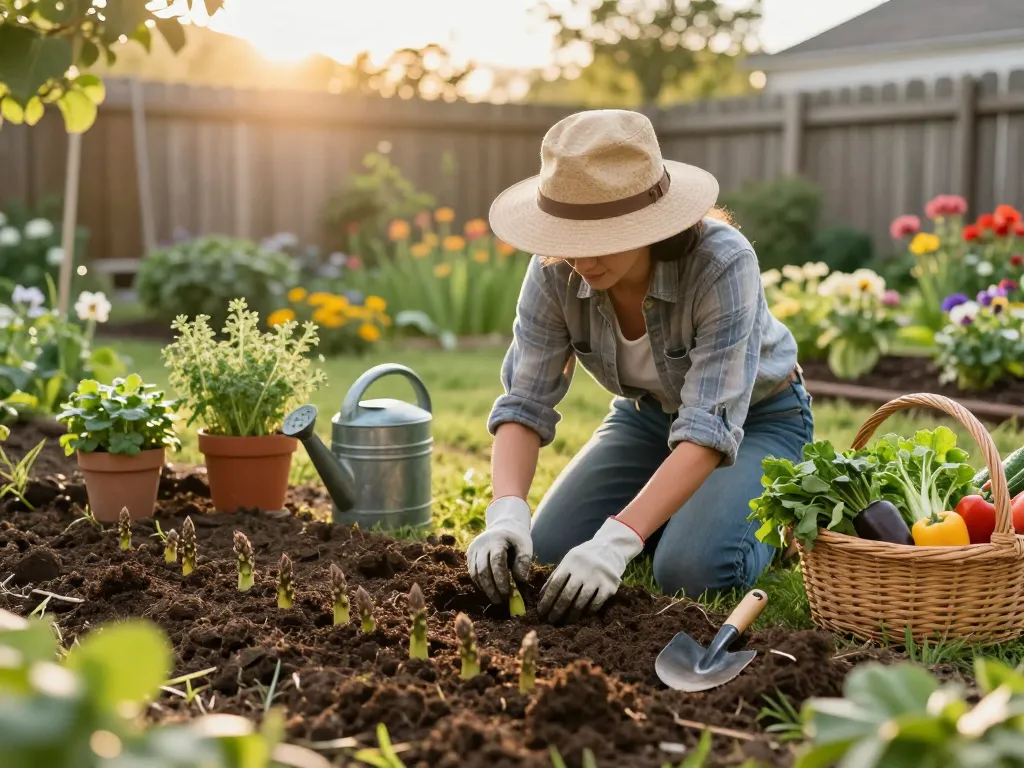 Gardener planting asparagus seedlings in rich soil, showcasing sustainable gardening practices with vibrant herbs.