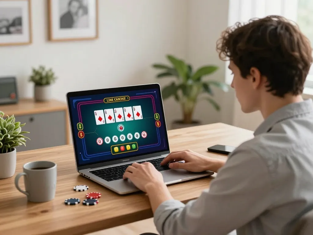 Engaged player using hitclub-9 for online poker, showcasing tactical gameplay in a cozy setting.